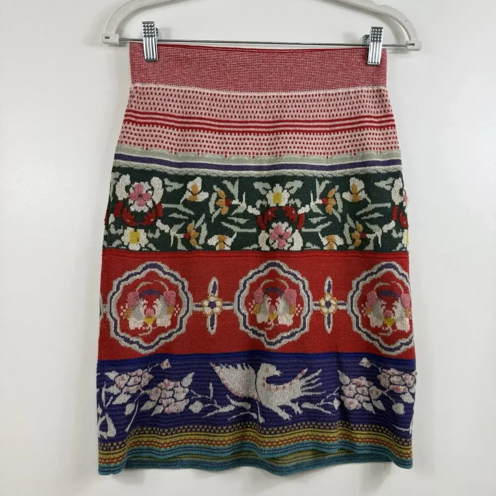 Anthropologie Moth Chava Embroidered Folk Bird Floral Knit Skirt Small Bohemian